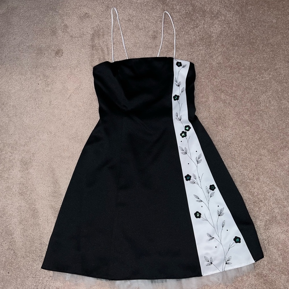 Vintage Black Spaghetti-Strap Dress with Floral Side Panel - Picture 2 of 5